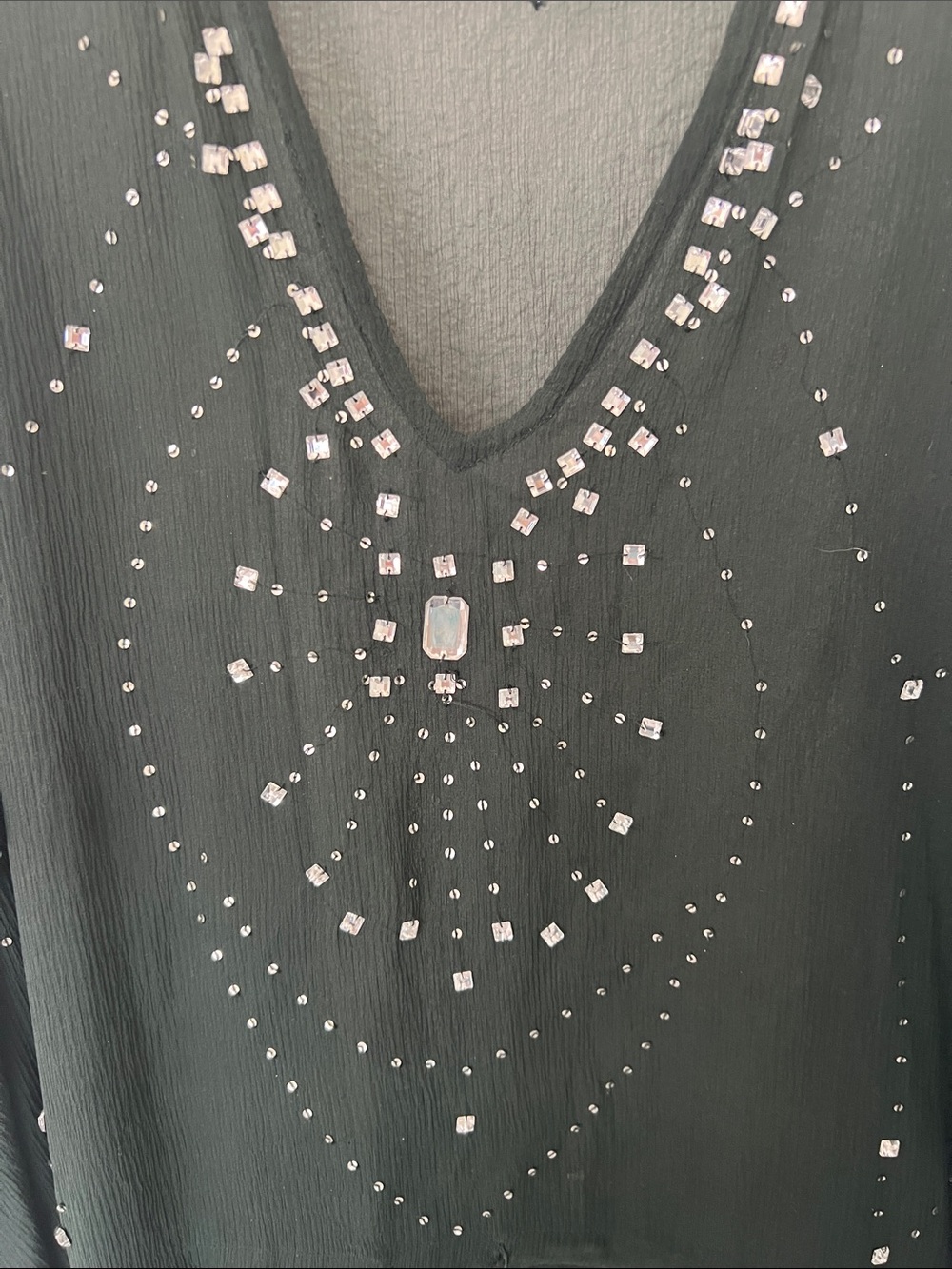 Sheer Dark Green Beaded V-Neck Caftan - Picture 3 of 5